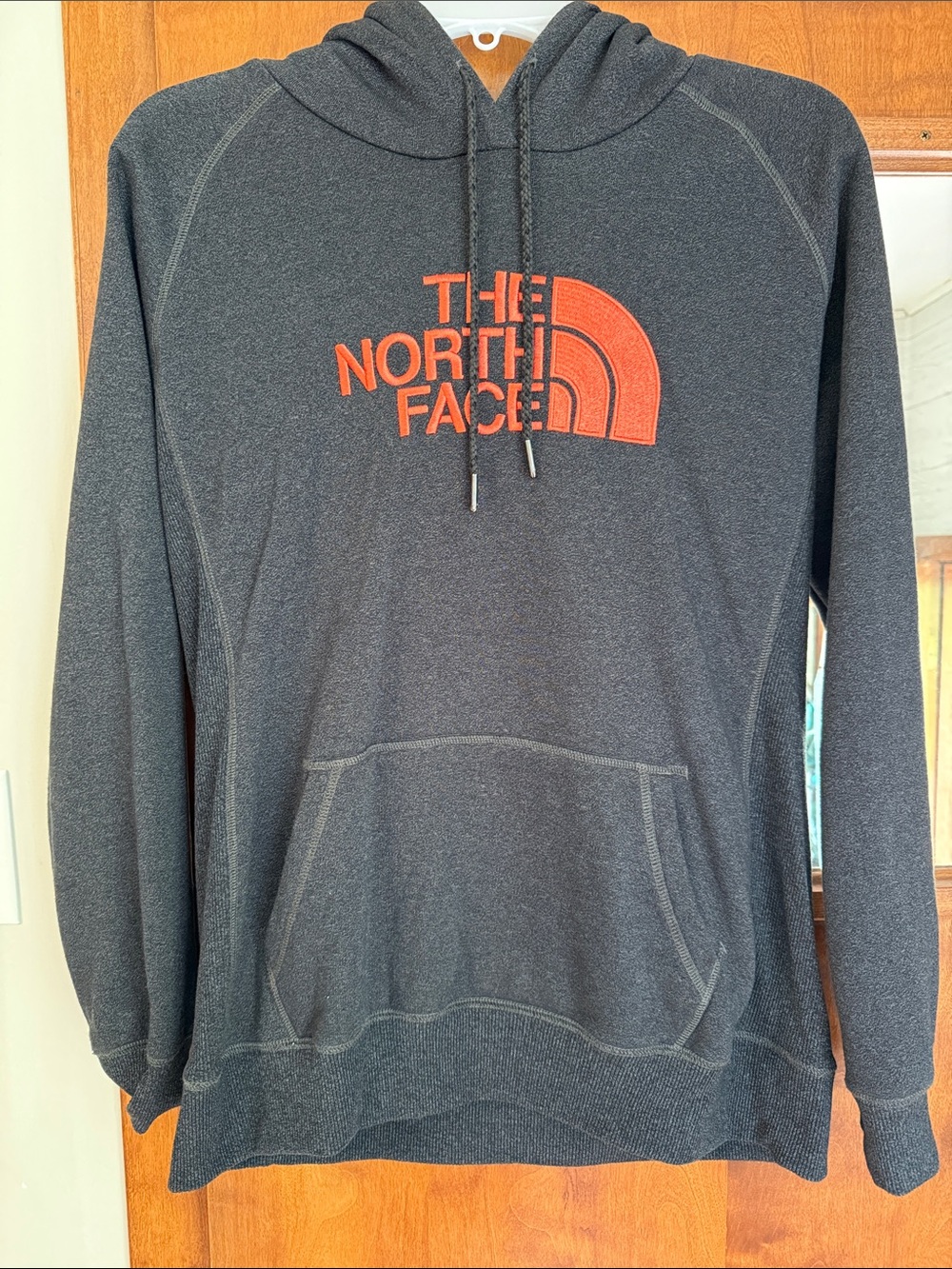 The North Face Men's Charcoal Pullover Hoodie with Orange Logo